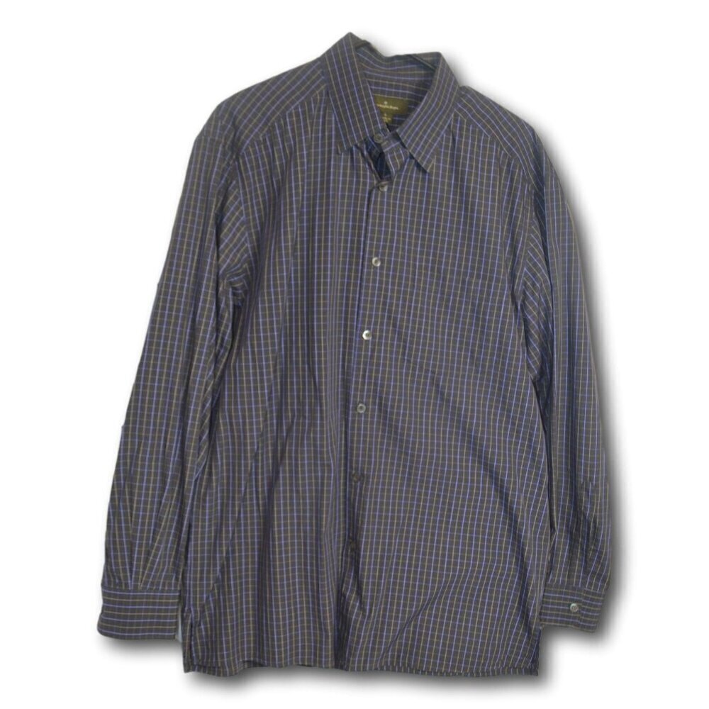Ermenegildo Zegna Mens Navy Blue Plaid Cotton Casual / Dress Shirt Size: L - Picture 1 of 3